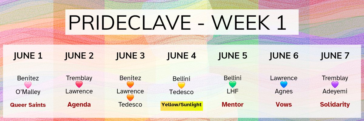 prideclave's tweet photo. Pride Month starts today and here's the programe for this first week of Prideclave!
Benimalley
Tremblawrence
Lawrenitesco
Bellesco
Lawragnes
Trembleyemi https://t.co/uXVOI9ee2M