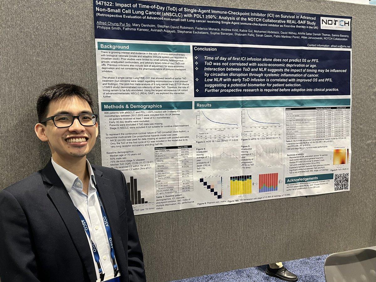 AdamJanuszewski's tweet photo. Great to see @AlfredSo12 presenting UK-wide data on behalf of @onctrainees @ASCO on time of day data in patients with NSCLC receiving IO. 

#ASCO2026 https://t.co/S1uq54CJDd