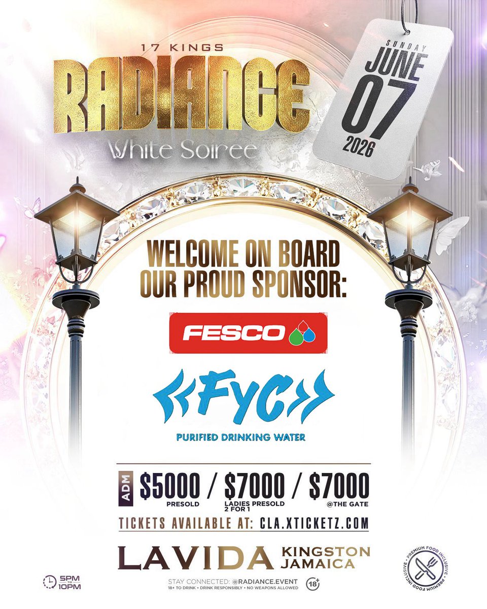 Radiance_Event's tweet photo. 💦Welcome onboard our sponsor FYC Water by FESCO 💦

Radiance White Soirée 🤍

🗓️ Sunday, June 7 2026
🕔 5PM to 10PM 
📍 La Vida (Pollyanna Caterers)
8 Stanton Terrace, Kingston 
🍛Food Inclusive 

🎟️Get your tickets now.

📢For updates, follow us on:
IG @ radiance.event

🥂 https://t.co/wZ5plp79Y8