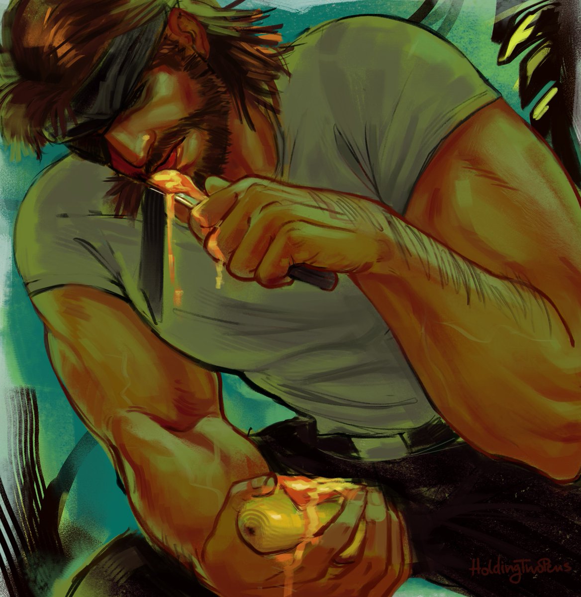 HoldingTwoPens's tweet photo. bb eating mango straight from the blade of his knife like a freak #mgs https://t.co/02PogeRbSq