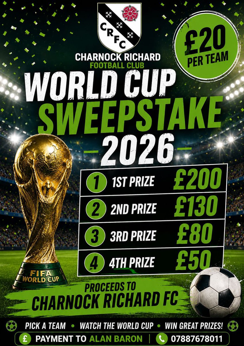 CharnockFC's tweet photo. ⚽️ WORLD CUP SWEEPSTAKE ‼️

All 48 team names will be added into 48 seperate envelopes. A random draw will take place before the start of the tournament, each player’s name will be added to each envelope.

Players can then open their envelope after the final to reveal the winners https://t.co/KlZTmom40b