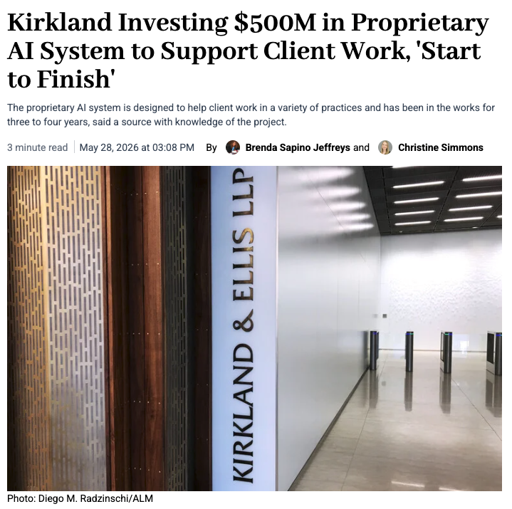 ivanatdatasaur's tweet photo. Kirkland &amp; Ellis is putting $500M into their own AI.

When Harvey, Legora, and Anthropic Legal are table stakes, adopting them isn't a moat. Building what you'd never teach a vendor is.

Every regulated industry is running this math. Most haven't written the check yet. https://t.co/8SJpIm8wpF