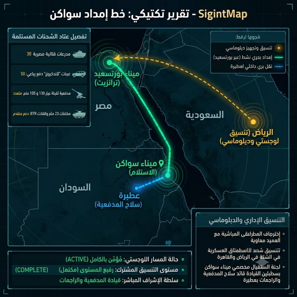 SigintMap's tweet photo. #SigintMap | رصد
الرياض تدعم نظام الإخوان بالسودان
رصد خط إمداد عسكري لوجستي عالي المستوى من السعودية عبر بورتسعيد إلى سواكن لدعم كتائب الحركة الإسلامية وجيش البرهان.
▪️ 30 مدرعة قتالية (مصرية الصنع) 
▪️ 50 عربة دفع رباعي.
▪️ مدفعية ثقيلة (130 و105 ملم) ومضادات طيران 23 ملم. https://t.co/BCxWggz1iH
