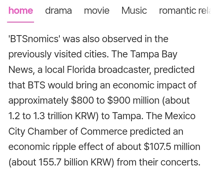 rize07addict's tweet photo. [Kmedia] The Global Supergroup #BTS has successfully completed the first leg of their 'Arirang' North American Tour with approximately 840,000 spectators.

They held 15 performances across 5 cities, including Tampa, El Paso, Mexico City, Stanford, and Las Vegas. Not only were all tickets for every show 100% SOLD OUT, but due to explosive demand, one additional tickets & shows were added in each of Tampa, Stanford, and Las Vegas, which also sold out immediately. 

'BTSnomics' was observed in every city BTS held their concerts in. An economic impact of up to $200M USD (approximately 301.4 BILLION KRW) in the Las Vegas region is expected. The Tampa Bay predicted that #BTS would bring an economic impact of approximately $800 to $900M USD(about 1.2 to 1.3 TRILLION KRW) to Tampa. The Mexico City Chamber of Commerce predicted an economic ripple effect of about $107.5M USD(about 155.7 BILLION KRW) from their concerts.

CONGRATULATIONS BTS
#BTSNomics #BTS_ARIRANG #BTS_WORLDTOUR_ARIRANG