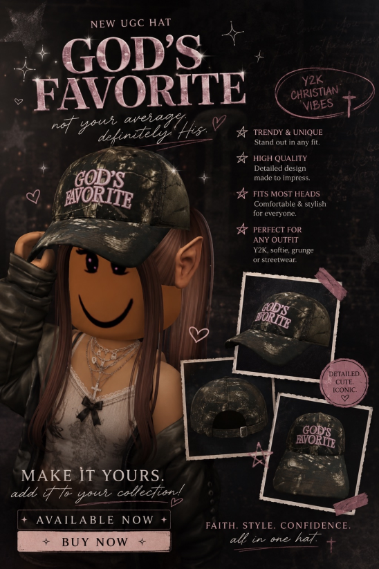 Lunerique's tweet photo. MY FIRST UGC OUT NOW !🤍

God’s Favorite Camo Cap Y2K

https://t.co/DxvSEKjREC

MY GROUP:
https://t.co/4HHPxO6pAu

RTs &amp; feedback appreciated 🤍

#RobloxUGC #RobloxDev #UGC #GraphicDesign #Robloxcommunity #Developer #Y2k #streetwear #robloxugcaccesorie https://t.co/8E0KdaN2pe