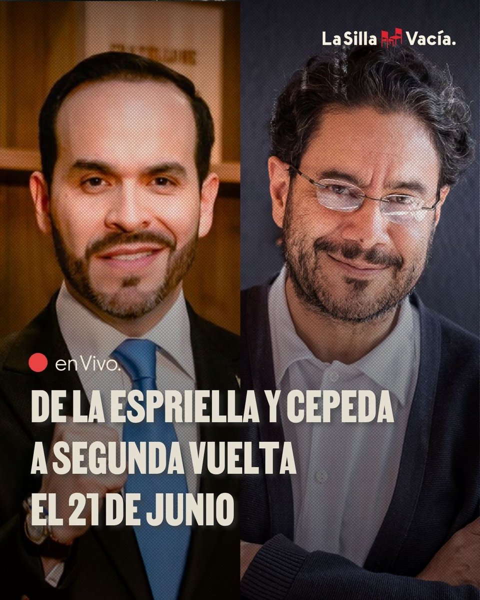 lasillavacia's tweet photo. #EleccionesLSV2026 | Abelardo de la Espriella e Iván Cepeda se enfrentarán en segunda vuelta. Ninguno alcanzó el 50% más uno de las votaciones totales en el país.

Con el 80% de las mesas, el abogado tiene 43,7% de los votos y el senador el 41,5%.
https://t.co/kBWZ0Difml https://t.co/XI6BHFEZQw