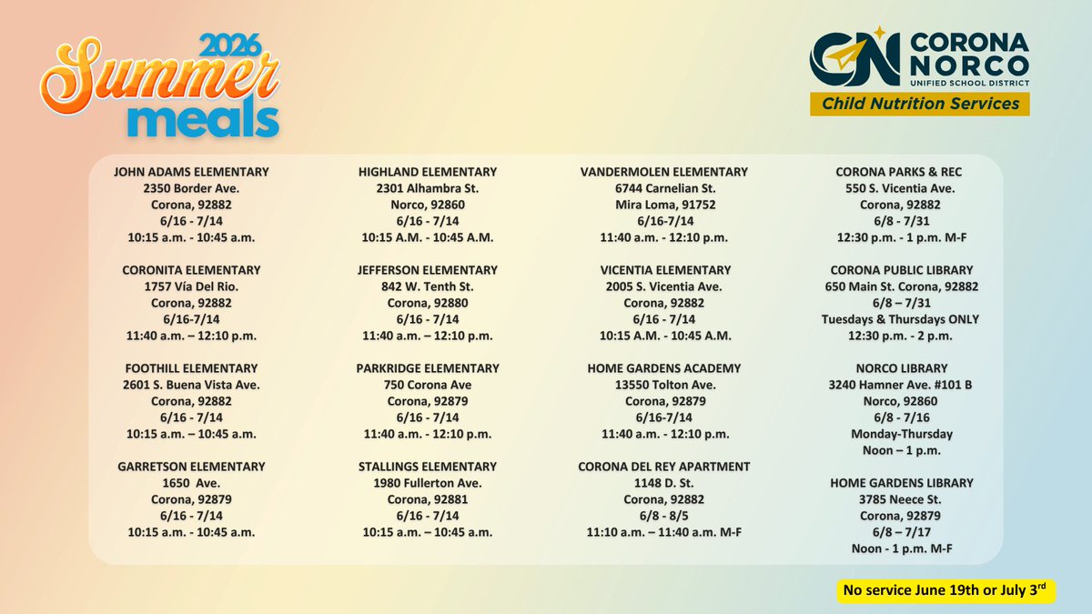 CNUSD's tweet photo. ☀️ Free Summer Meals are available for all children 18 and under at any Summer Meals location listed below during scheduled dates and times! No paperwork or income requirements needed. 

Please note: no service on June 19 or July 4. 🍎🥪🥛 https://t.co/Ao41HE27rd