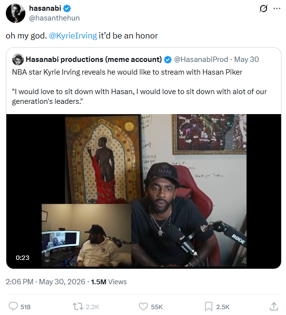 HasansOldTweets's tweet photo. (Left, 2022) Hasan Piker calls Kyrie Irving a p*ssy, a mega-racist, an idiot, an antisemite, and b*tchmade.

(Right, 2026) Hasan is excited to platform him on his show with zero introspection of why someone he thinks is so dumb, is also a newfound fan of his. https://t.co/OQId2Wmakw