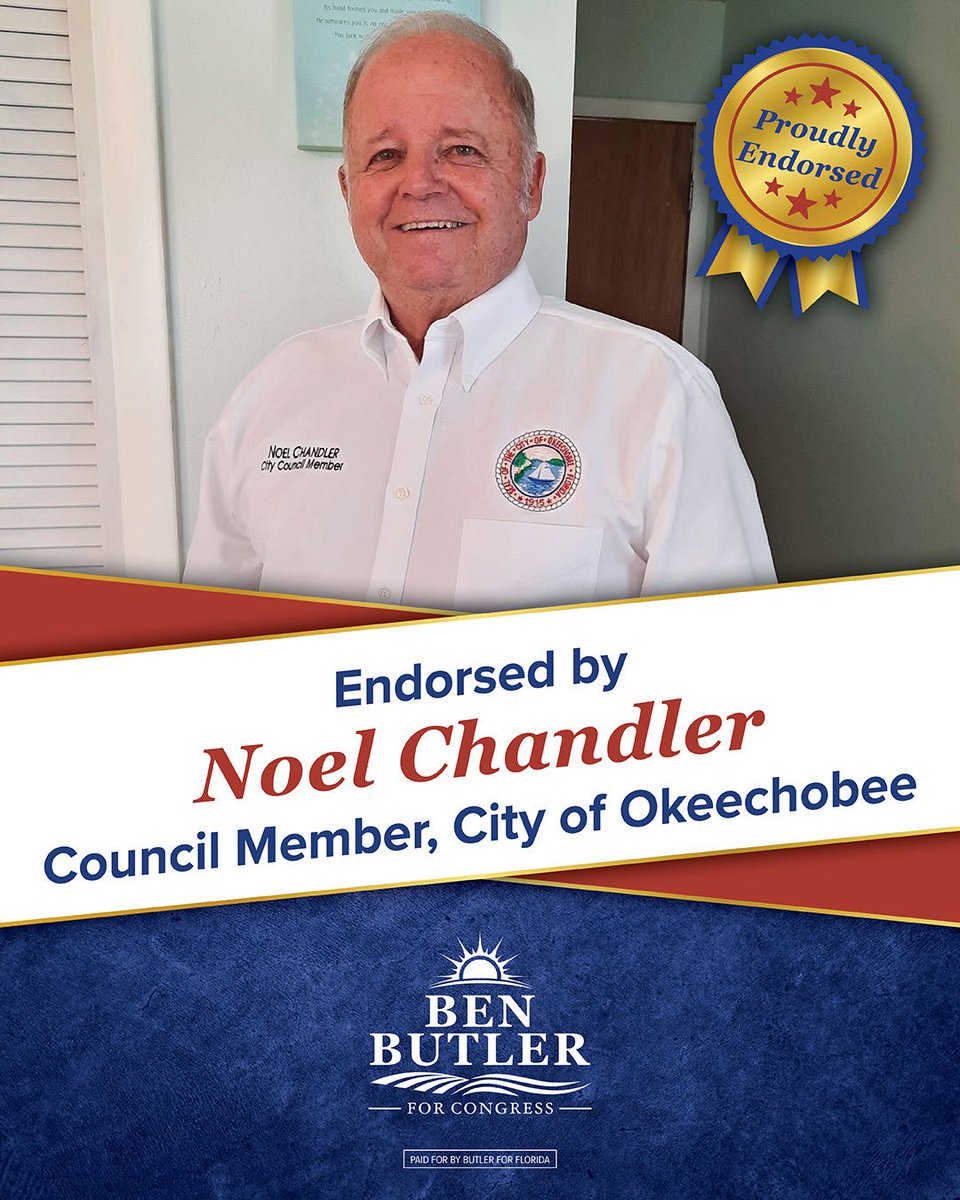BenButlerFL's tweet photo. I’m honored to have the support of Noel Chandler, Council Member for the City of Okeechobee. Noel is a dedicated public servant who believes the people should always come first. His commitment to serving the community and putting the needs of hardworking families at the forefront reflects the kind of leadership Florida deserves.