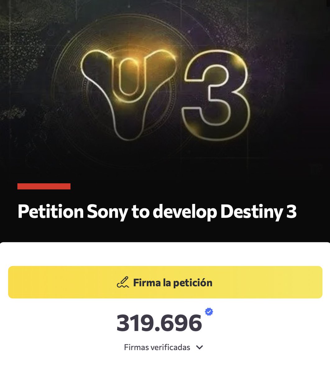 DestinyUniverso's tweet photo. La petición para que se desarrolle Destiny 3 ha superado las 319000 firmas.

El pico máximo de jugadores simultáneos en Steam para Destiny 2 estaba en 316000, en febrero de 2023 con el lanzamiento de Eclipse (Lightfall).

Seguid firmando, demostremos lo mucho que le importa este universo a su comunidad 💙
