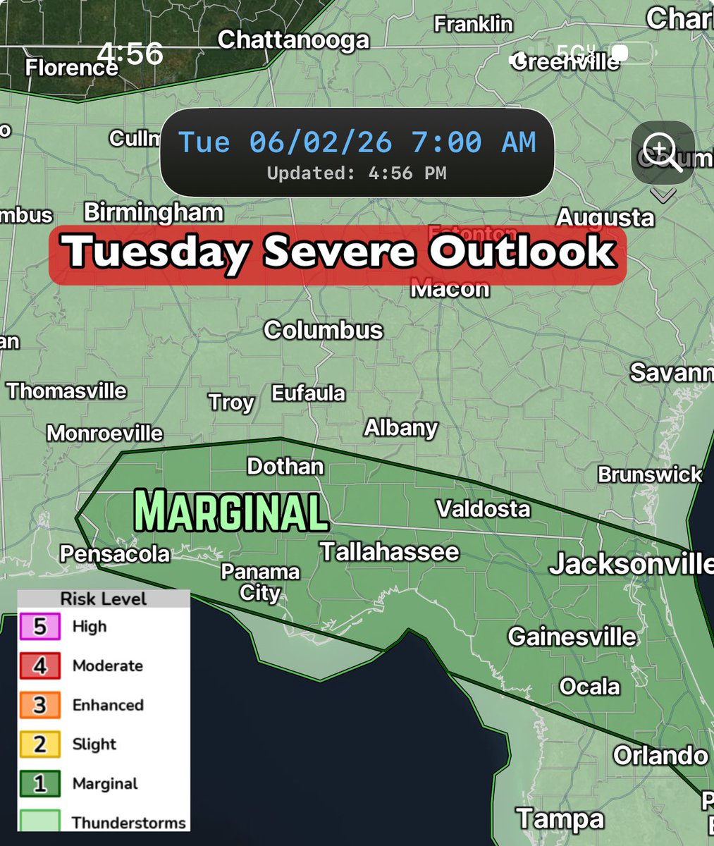 MetDavidPaul's tweet photo. More scattered showers and thunderstorms are on the way for Monday and Tuesday and a few stronger thunderstorms could produce gusty winds, frequent lightning and locally heavy rain.  

The Storm Prediction Center has parts of the South outlined in a Marginal Risk for both Monday and Tuesday. 

Looking at the latest guidance, Monday will feature scattered thunderstorms dropping southward. A few stronger cells may survive into Southeast Alabama, but widespread severe weather is not expected. Tuesday looks similar with scattered afternoon and evening thunderstorms, some capable of brief strong wind gusts. The overall severe threat remains isolated, but worth recognizing and paying attention to.