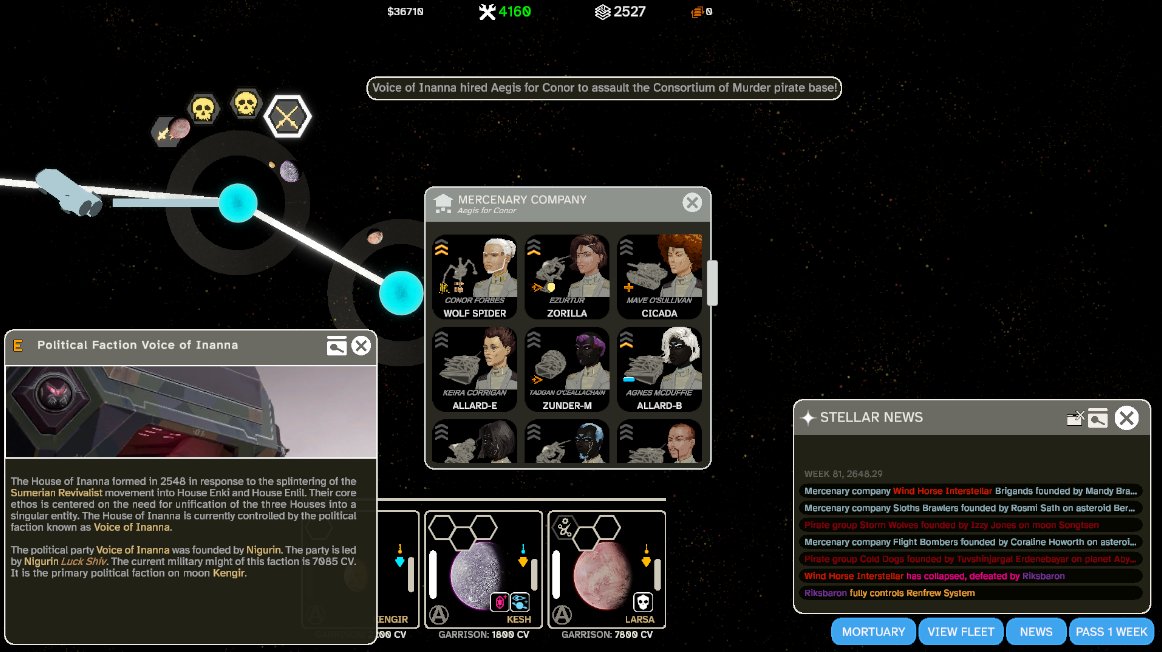 PillBugGames's tweet photo. Exciting moment with three procedural factions interacting: Voice of Inanna government hires the Aegis for Conor mercenary company to deal with the pirate menace. One bloody skirmish later, pirates have disbanded, survivors off to find new hunting grounds #gamedev #indiegames https://t.co/OXDjIw0wVr