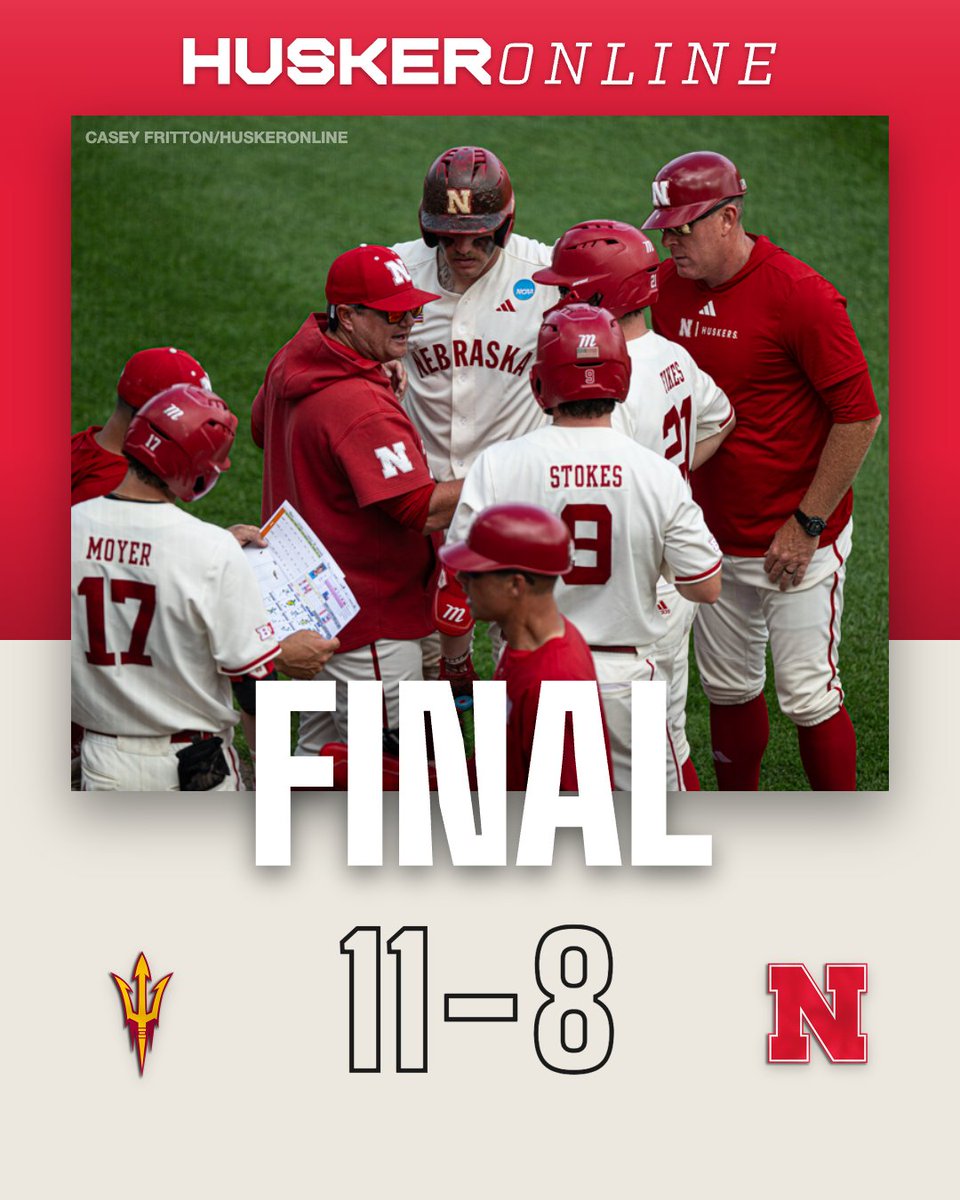 HuskerOnline's tweet photo. FINAL ⚾️

Nebraska’s breakthrough season to host its first regional since 2008 is over. 

The No. 13 overall seed Huskers fall 11-8 to Arizona State on Sunday afternoon. A dream season ends with a tough home loss and plenty of what-ifs.

READ➡️https://t.co/uSYMPymTEl https://t.co/qEe7oU8NZC