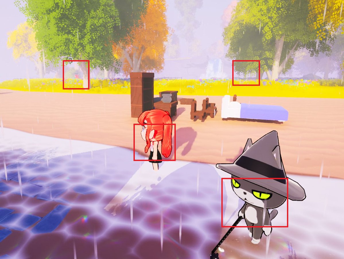 DMeville's tweet photo. @GameDevMicah I don't care about perf. Just trying to draw some screenspace indicators around NPCS so I can monitor their behaviour from afar. Like this MS Paint mockup: Debug sphere/box are drawn in 3d, so they're going to vanish into the distance (even if we draw on the foreground). https://t.co/nVWAnZiLUu