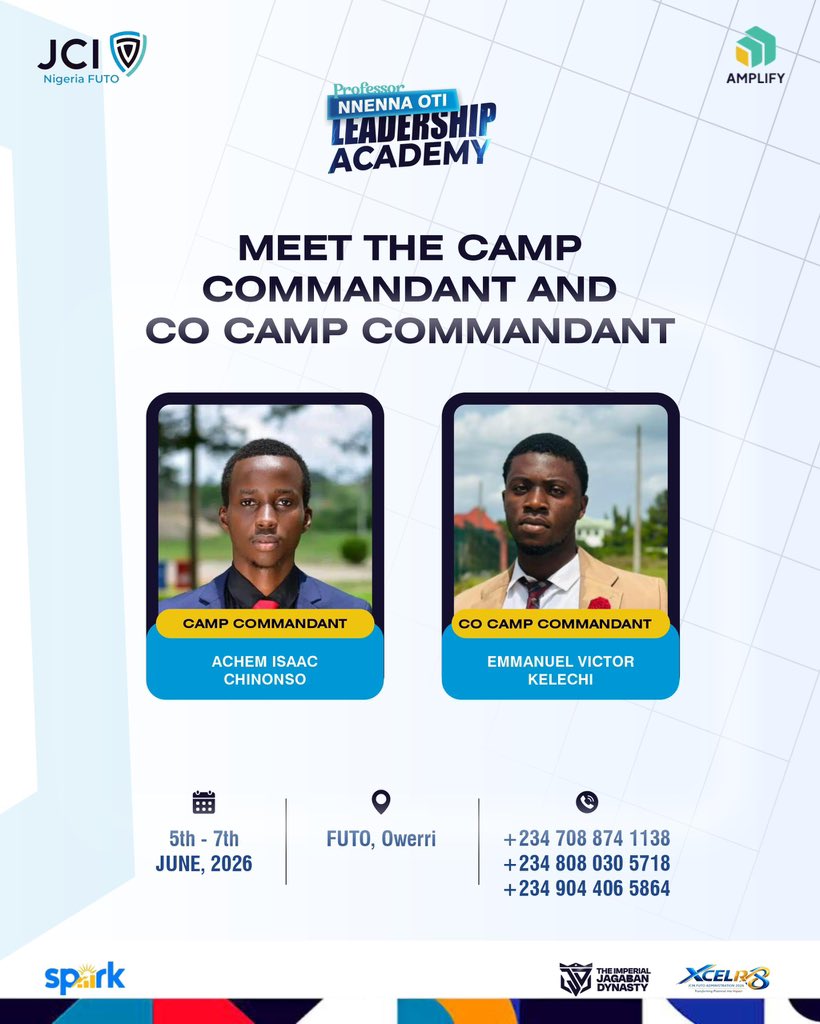 JCIN_FUTO's tweet photo. 🔥 Meet the Camp Commandant &amp; Co Camp Commandant!

Ready to lead an impactful PNOL Academy Camp experience.

📍 FUTO, Owerri
📅 5th–7th June, 2026

#PNOLAcademy2026
#LeadershipAcademy
#CampCommandant
#XCELR8
#SPARK
#AMPLIFY
#JCINFUTO
#JCINigeria
#JCI https://t.co/FZNYS55luV