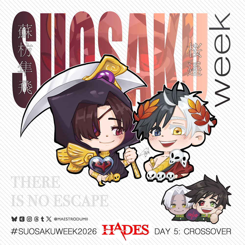 maestrodumii's tweet photo. Day 5: Crossover 

I’ve waited for this moment for so long. Suo as Death and Sakura as son of Hades 😳 and Thanatos and Zagreus look cute in Furin’s uniforms 😂
Hades is an amazing video game, I’ve finished it on 100% 😤
#suosakuweek2026 #windbreaker #すおさ https://t.co/xpFk8vTkZt