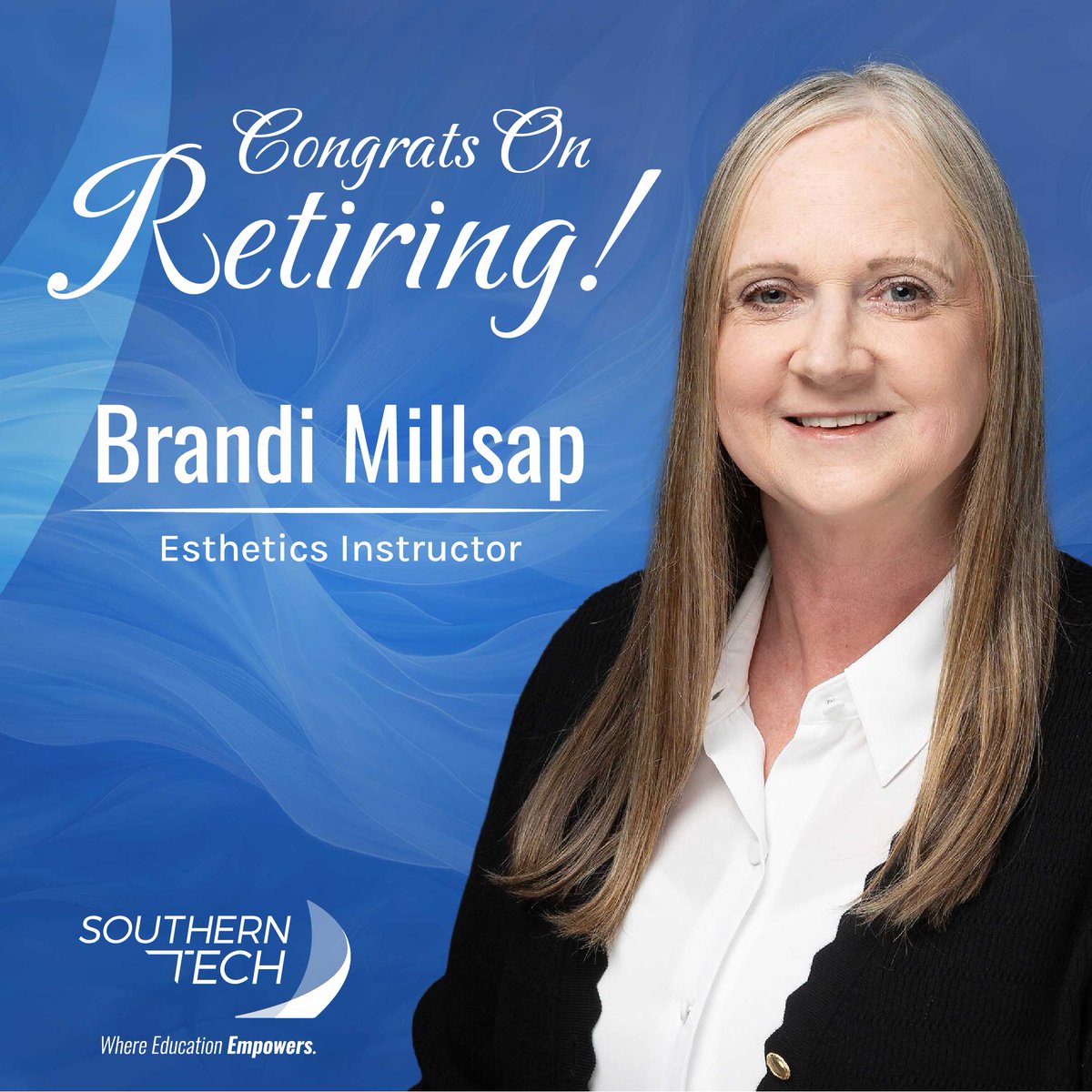 SouthernTechOK's tweet photo. Help us congratulate Brandi Milsap and wish her a happy retirement. Brandi served recently as SouthernTech's Esthetics Instructor. Brandi, we appreciate all that you have done to help prepare students for a successful career and hope you enjoy a happy Retirement. https://t.co/Bg4yVXMVJA