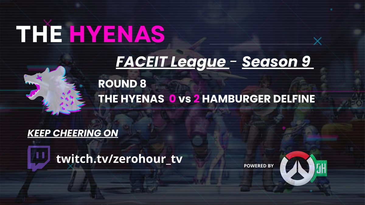 TheHyenasOW's tweet photo. Tough close to the run. We fall to Hamburger Delfine in Match 8 and finish 15th in the tournament. 

The result still earns us a slot in FACEIT League Season 9 EMEA Advanced.

Cheer loud, gnaw harder.

#TheHyenas #Overwatch #FACEITLeague #EMEA #FastTrackQualifiers https://t.co/T8GlMB3SFF