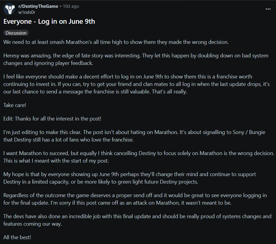JakeSucky's tweet photo. "We need to at least smash Marathon's all time high to show them they made the wrong decision"

Destiny 2 players are planning a server slam for the game's final update to convince the Devs to make Destiny 3 and not abandon the franchise https://t.co/6MkbPkZJaI