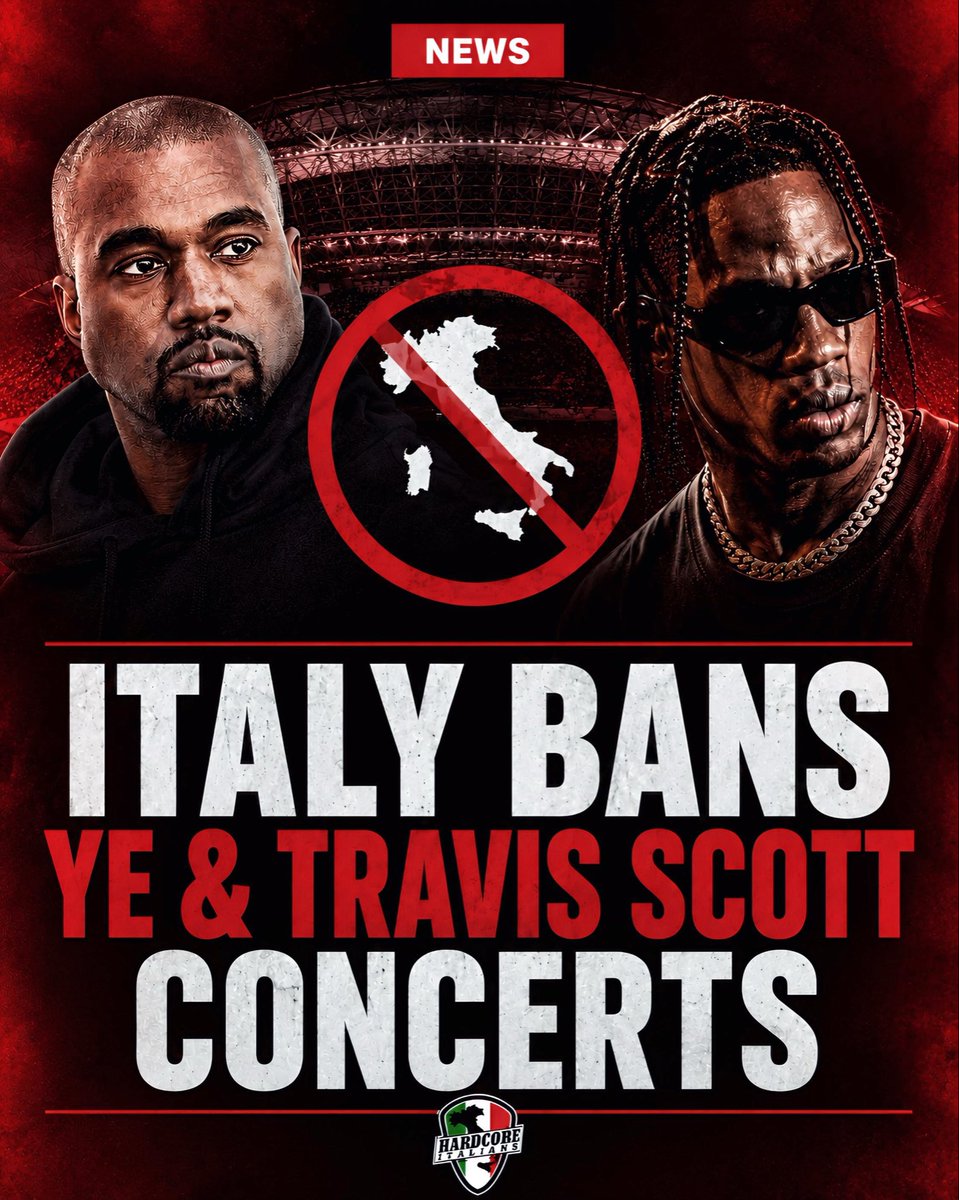 HardcoreItalian's tweet photo. Italy has officially blocked upcoming Ye and Travis Scott concerts that were scheduled for July at RCF Arena in Reggio Emilia. 🇮🇹🚫🏟️

Local officials cited public order and security concerns, including the expected crowd size, back to back event timing, and the risk of protests surrounding the shows.

Reports say Travis Scott was scheduled for July 17, with Ye set to perform the following day.

Thoughts? 🤔