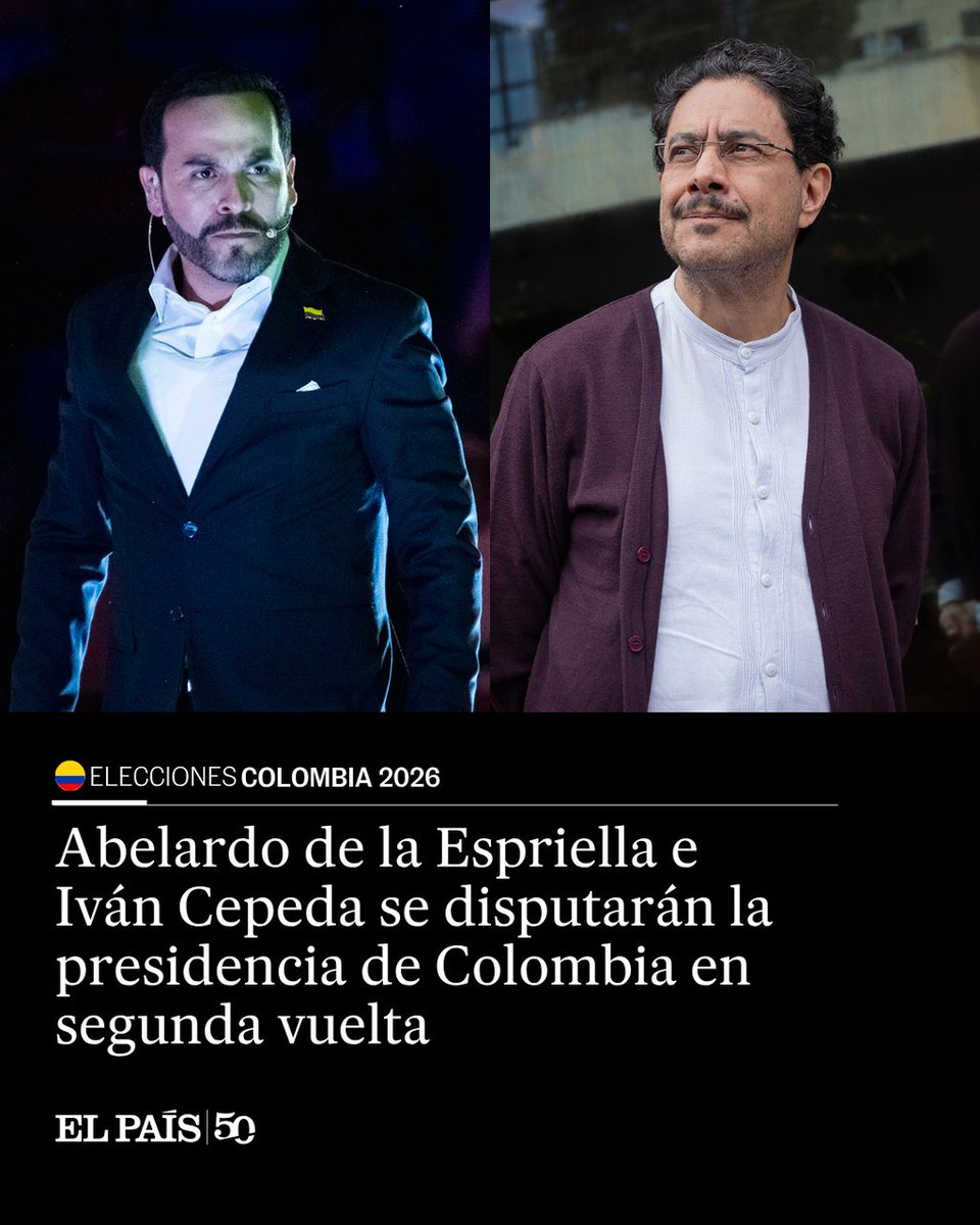 el_pais's tweet photo. 🔴ÚLTIMA HORA | El ultraderechista Abelardo de la Espriella y el izquierdista Iván Cepeda encabezan la votación con el 80% de las mesas contabilizadas. Cada uno concentra más del 40% de los votos, en un escenario de máxima polarización https://t.co/b2AbcIoFch https://t.co/4L6cdM7vkM