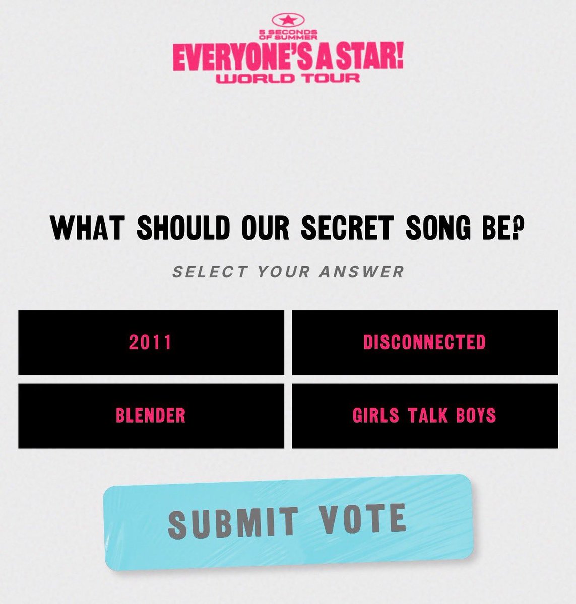 5sosfrupdate's tweet photo. ⭐️ | Les choix de la chanson secrète à Hershey sont :

2011
Disconnected
Blender
Girls Talk Boys

#HersheyIsAStar #EASHershey #EASTour https://t.co/N7WPoSocM6