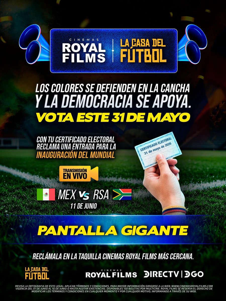 RoyalFilmsCol's tweet photo. Hoy ganó el fútbol...
Porque votar es ganar. Nos vemos este 11 de junio, sólo con tu certificado electoral https://t.co/qtO3X8HPcC