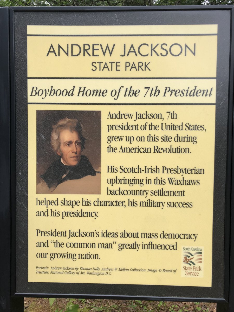 BLineatus's tweet photo. #GrandCoddiwomple visit to Andrew Jackson State Park (Indian Land, SC). Site marker mentions his growing up here "during the American Revolution" and how it formed his vedas of democracy. Marker sign in full text: https://t.co/hHujm7Lt3Z