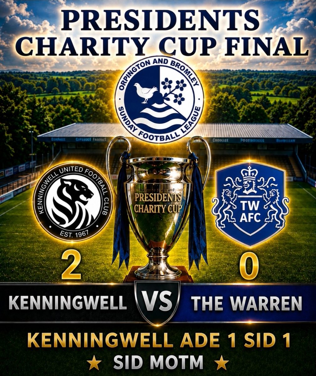 KenningwellFC's tweet photo. The Tigers retain the Presidents Charity Cup beating @TheWarrenAFC 2 - 0.

Well Done the Tigers on becoming the 1st team to ever retain the Presidents Charity Cup in the @OBDSFL 

History once again created 🥳🥳🥳 https://t.co/0Yrl7CWRd7