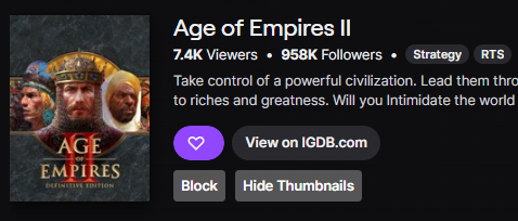 Hera_Aoe's tweet photo. LOVE to see 7400 viewers on a random Sunday night

- No big tournament
- No Hera, Viper, T90 streaming

Age of Empires 2 is more alive than ever, and I'm so happy to see all the streamers participating in my event grinding right now 👌

As a fan of this game it really means alot to see this! ✌️