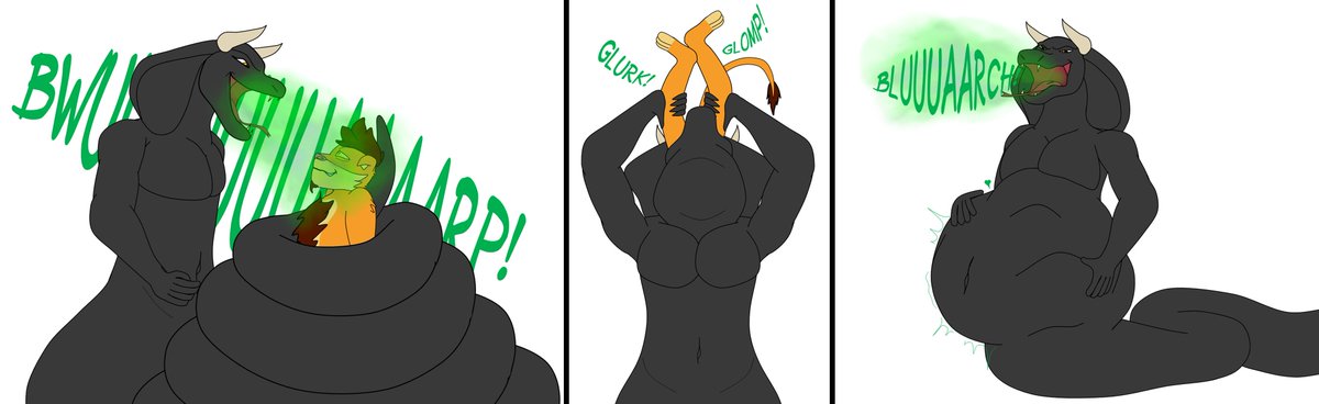 Vorefan16's tweet photo. Serpent Supper
(SFW, Vore, Burps, Naga)

This is a finished sequence for a long time customer of mine; Rhydian Morris from FA. Sadly this was his last c0mm as he passed away this February. 
Still miss him, but I hope I did a good job with his Naga OC eating mine 💙 https://t.co/fYO2A3c3O6