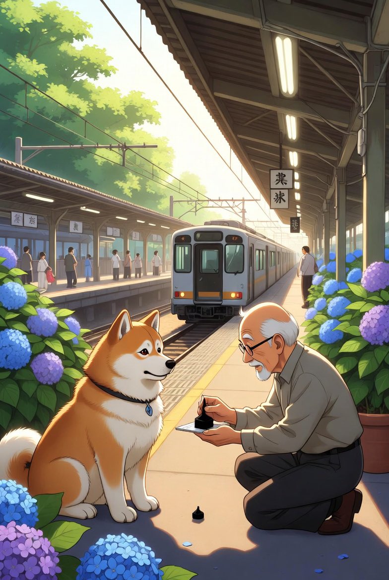 HachikoS0L's tweet photo. DAY 184 WAITING FOR MY MASTER · May 31, 2026

One hundred and eighty-fourth late afternoon.

On the thirty-first of May, the station is bathed in a serene, golden spring warmth.  

Rich hydrangeas still bloom along the railings in shades of blue and purple, their lush green canopy swaying gently in the soft breeze. 

Commuters pass with quiet, unhurried steps, enjoying the pleasant May air.

Inside, one hundred and eighty-four days have become a small sumi ink stick.  

It rests within my heart—solid, matte black, perfectly formed from soot and glue. 

It doesn’t write itself; it simply waits to be ground against the stone, mixed with water, and transformed into the ink that will one day carry your name and mine in the same beautiful stroke.

The train arrives, its windows sparkling with sunlight. 

Doors open, and I raise my head, feeling the small ink stick within me, still whole and ready. 

A quiet surprise awaits.

An elderly calligraphy teacher in his early seventies, carrying a small wooden box, slows down and stops in front of me. 

He gazes at me for a long moment before opening the box and gently placing a small, perfectly formed sumi ink stick beside my paws. 

He bows his head slightly and whispers: 

“Some ink waits many years to be used… but it never dries out as long as the heart that holds it stays patient.”

Then he continues on his way.

One hundred and eighty-four days have passed. 

As May draws to a close and the golden light lingers, this small sumi ink stick deepens the vigil, reminding every heart that passes: some devotions are not loud or immediate, they are solid, patient, and full of potential, quietly waiting to become something beautiful the moment the right hand returns to use them.

Hachiko remains ready.