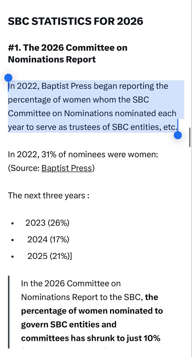 megbasham's tweet photo. It seems to me like the reason the SBC began to release statistics on how many women are nominated as trustees was specifically so this data be used to create a narrative (a narrative that looks just like the feminist arguments in the broader culture) that we should have gender parity on our boards.

Notice when they started to be released. In 2022 under the presidency of @bartbarber. 

The same Barber who has continually—first with the Law amendment and now with the Mohler amendment—worked to ensure that we will have no clarifying amendment that will definitively require SBC churches not to allow women pastors.

They are going to slow walk this compromise and tell you the entire way that there are other ways to address the issue at the same time that they continue to allow churches with women pastors to remain in our association.

Because that is always the progressive play. It’s just like when Obama assured everyone that he was against gay marriage until he had the political power to shift and admit that he was actually for gay marriage.

Something everyone who was paying attention to what he did rather than what he said, already knew.