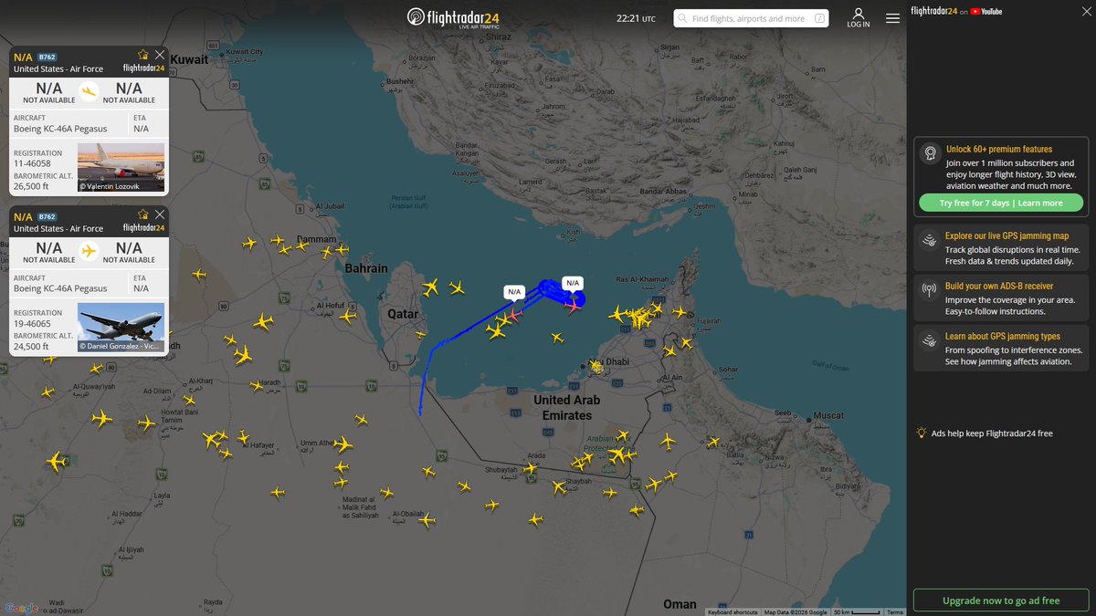 AIYeyENGDdJkjTr's tweet photo. June 1, 2026
#Prince Sultan Air Base ==> #Persian Gulf
#NoCALLSIGN #AE5FA5 USAF KC-46A Pegasus
#NoCALLSIGN #AE5FAC USAF KC-46A Pegasus https://t.co/A3D1Ml3oY9