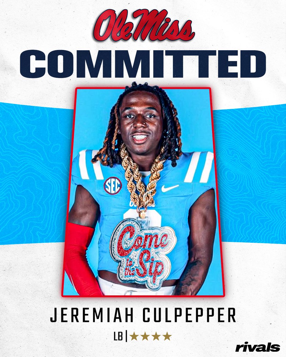 Rivals's tweet photo. 🚨BREAKING🚨 4-star LB Jeremiah Culpepper has committed to Ole Miss, @SWiltfong_ and @ChadSimmons_ report🦈

Read: https://t.co/5neQJZXrMm https://t.co/4KUK1gqFVJ