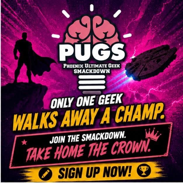 Jamel's tweet photo. Somehow they trusted me with a microphone again. 😄

I’m thrilled to be hosting the Phoenix Ultimate Geek Smackdown (PUGS) this year. If you’ve ever wanted to prove your mastery of comics, sci-fi, fantasy, gaming, anime, and more, here’s your chance.

Ready to claim the crown? 👑 https://t.co/u6k5NwIaFk