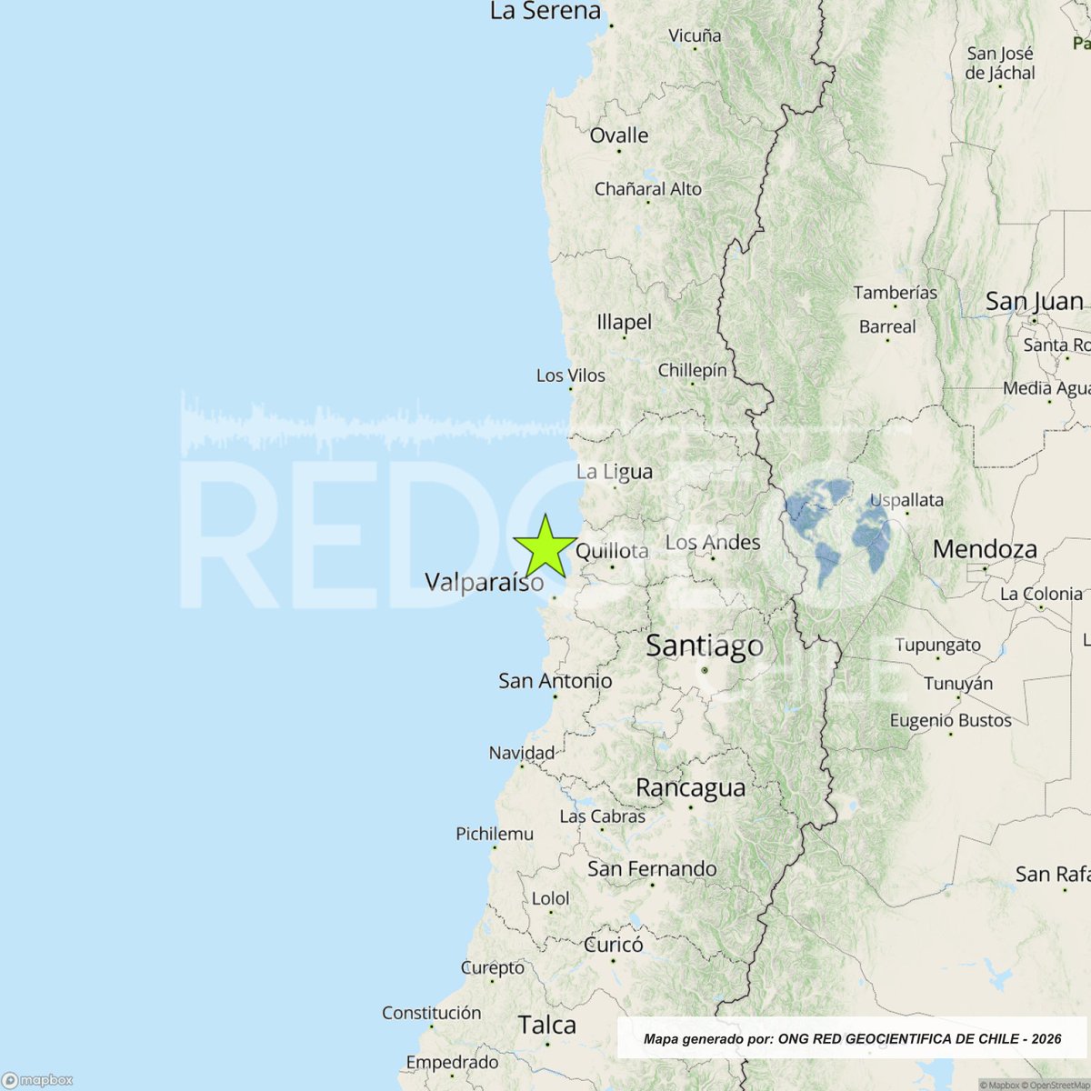 RedGeoChile's tweet photo. REVISADO ⚠️ | Un sismo de magnitud 4.0 (Mlv) ocurrió a las 18:10:00 horas de hoy, domingo 31 de mayo de 2026, a 14 km al oeste de Quintero (región de Valparaíso), con una profundidad de 26 kilómetros. (Fuente: CSN).

• Tercera réplica perceptible del Mw 6.0.

🚩 Lista de intensidades en la escala de Mercalli Modificada:

Papudo: III*
Concón: III*
Caleta Horcón: II*
Quilpué: II*
Viña del Mar: II*
Valparaíso: II*
Gran Santiago: II*

Fuente: (*) Red de Informantes Mercalli de RedGeoChile.