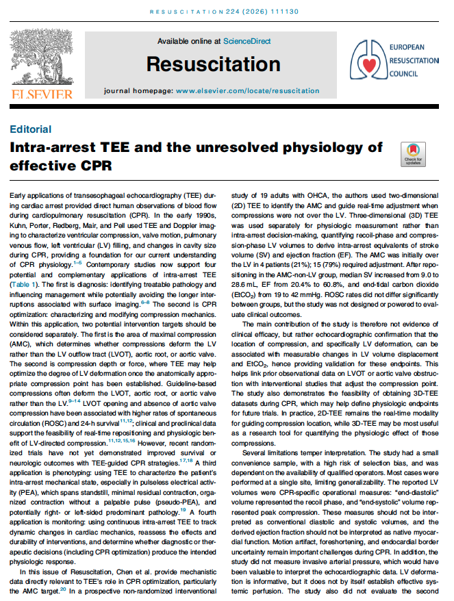 FTeranMD's tweet photo. In this editorial, @tscquizzato and I discuss how intra-arrest TEE can help optimize compressions, phenotype cardiac arrest, and monitor response in real time.

Open access: https://t.co/ZGeNWtRV0X https://t.co/KhzoGxAhUk