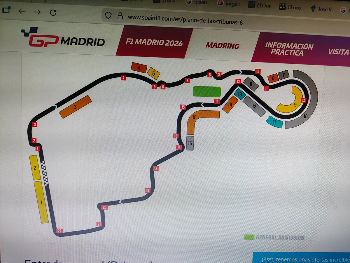 PressRacing's tweet photo. Una carrera de este tipo suele tener dificultades para colocar a los aficionados. De hecho en la zona de @IFEMA no hay ninguna tribuna, por lo que la acción de esas curvas, entre la 17 y la 22 tendrá que verse por las pantallas de televisión, que deberán ser abundantes. En la recta de meta hay dos tribunas y la Nº3 en medio de la recta, que no tiene mucho aliciente. Sin embargo las tribunas 4 y 5 podrán disfrutar de la mayoría de los adelantamientos en una carrera que promete ser, deportivamente hablando, bastante sosa, a no ser que haya incidentes y SC, que sin duda habrá y eso nos puede liberar de una procesión insufrible. Las tribunas 6 y 7 podrán ver el inicio de la peraltada y la salida. Sin duda las 9 y 10 atraen mucho la atención por lo novedoso, pero visto como discurre la acción en Zandvoort, no esperéis mucho movimiento en esa curva. Los que están en las tribunas  8, 12 y 13 verán más acción en esa frenada de la curva 13, ya que después es imposible adelantarse. No hay tribuna en el exterior de las 15 y 16, al menos en el dibujo, pero allí es un sitio espectacular, ya que se ve la salida de la 12, y la frenada de la 17 para intentar adelantar antes de entrar al túnel y poder llegar hasta la meta delante del rival al que se adelante. Los de la pelouse esa pintada en verde no sé que verán desde ahí. De todas formas como ocurre en la @F1 la fan zone seguro que se llena a todas, incluso con la carrera en marcha, como pasa en todos los circuitos. La F1 es un evento social en el que sino estás no eres nadie..  Los que estén en el balcón de la "Monumental" se van a hacer un selfie genial, con el coste de una entrada que será  como si te das la vuelta al mundo en pareja en un crucero de  @MSCCruises_PR en una suite.