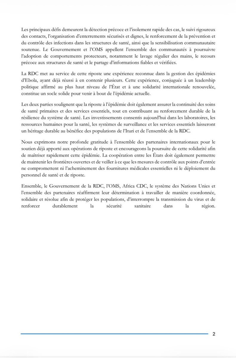 PatrickMuyaya's tweet photo. #RDC : « Ensemble, les autorités congolaises et leurs partenaires œuvrent au renouvellement de la coordination opérationnelle, à la mobilisation accrue des ressources et l’acheminement rapide et équitable des interventions vitales vers les communautés affectées. »

« Le Gouvernement et @WHO appellent l’ensemble des communautés à poursuivre l’adoption de comportements protecteurs, notamment le lavage régulier des mains, le recours précoce aux structures de santé et le partage d’informations fiables et vérifiées. »

Lire la déclaration commune du Gouvernement de la #RDC et l’Organisation Mondiale de la Santé concernant l’épidémie de maladie à virus #Ebola causée par le virus #Bundibugyo.