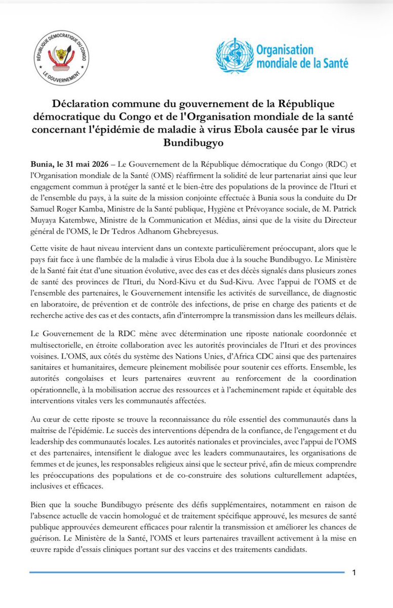 PatrickMuyaya's tweet photo. #RDC : « Ensemble, les autorités congolaises et leurs partenaires œuvrent au renouvellement de la coordination opérationnelle, à la mobilisation accrue des ressources et l’acheminement rapide et équitable des interventions vitales vers les communautés affectées. »

« Le Gouvernement et @WHO appellent l’ensemble des communautés à poursuivre l’adoption de comportements protecteurs, notamment le lavage régulier des mains, le recours précoce aux structures de santé et le partage d’informations fiables et vérifiées. »

Lire la déclaration commune du Gouvernement de la #RDC et l’Organisation Mondiale de la Santé concernant l’épidémie de maladie à virus #Ebola causée par le virus #Bundibugyo.