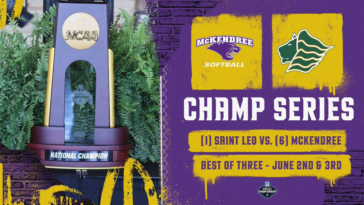 McKendreeSB's tweet photo. 𝓕𝓸𝓻 𝓲𝓽 𝓪𝓵𝓵…

The ‘Cats will face off against #1 Saint Leo from Saint Leo, Florida in the 2026 NCAA Division II Softball National Championship Series!

It is a best of three series, with Game 1 happening Tuesday June 2nd at 5:00 PM CST / 6:00 PM EST! https://t.co/xEkFd8nQjO