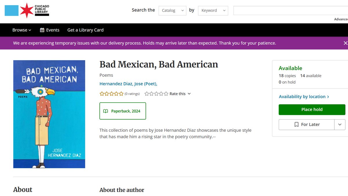 JoseHernandezDz's tweet photo. genuinely shocked that "Bad Mexican, Bad American" is available w/18 copies in the Chicago Public Library system @chipublib.. Ty to the librarians who've ordered it; I couldn't be more thrilled. Hope to stop by a library when I'm in Chicago  next for AWP. #grateful #firstgen https://t.co/0PLUOKhArJ