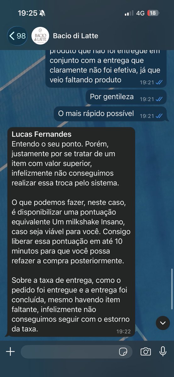 msouza_thiago's tweet photo. pedimos 5 milkshakes na @baciodilatte e chegaram apenas 4, sem o zero. Fui comunicar a loja e eles falaram que precisava solicitar ao SAC para eles entrarem em contato com a loja. Mais de 01 hora tentando conseguir um alinhamento com o SAC  e um atendimento PESSIMO ++ https://t.co/SqT26bIKP3
