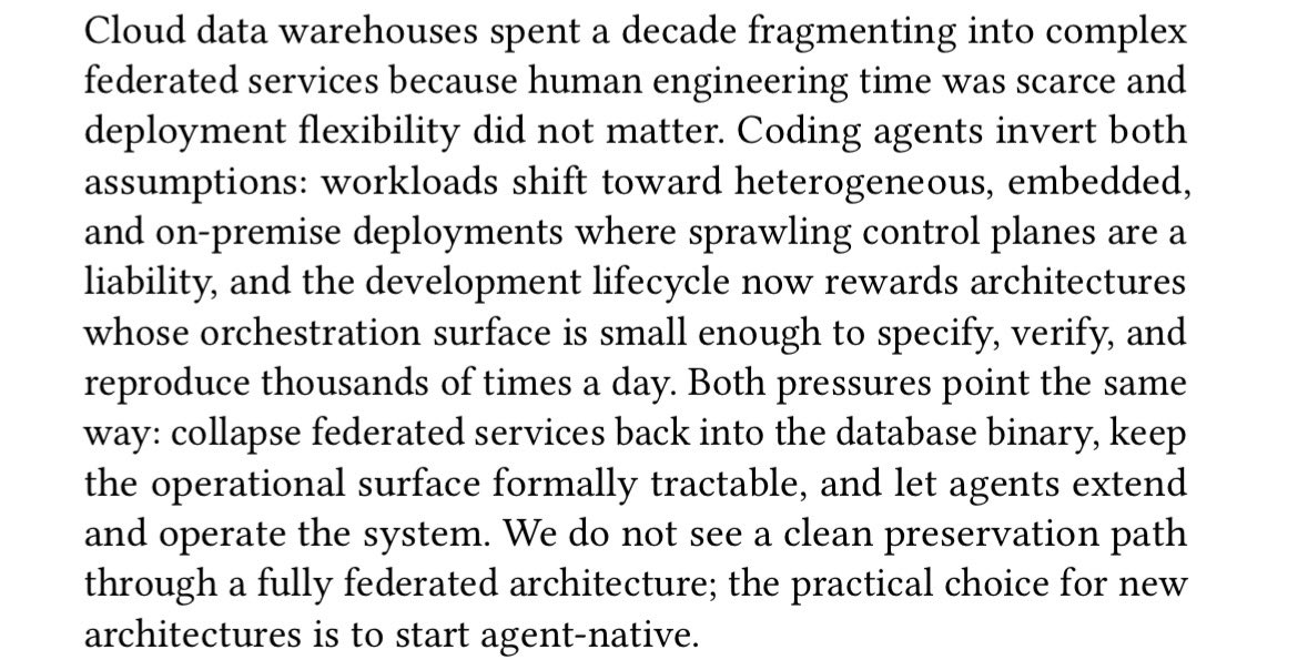 vimota's tweet photo. Firebolt just published a fascinating breakdown they completely rebuilt their data warehouse platform architecture with a verifiable agent harness for an agent-centric future. 

They propose that for the agentic future - one where agents both develop and use the platform - database infrastructure should be monolithic and single tenant. 

Interestingly, they also rebuilt their catalog and metadata service using the new Ducklake spec in order to benefit from an open standard and a verified oracle.