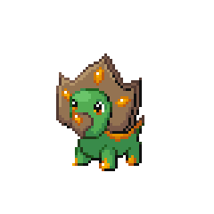 Torterrad's tweet photo. Getting back into drawing pixel art, my new fakemon grass starter Sapcera, the tree sap Pokémon. 

It secretes a sticky tree sap from its wooden head crest. Bug pokemon like to drink it. 

Really happy with how this came out in the gen 4 sprite style.

#pokemon #fakemon #pixelart https://t.co/7DDz5XKdps