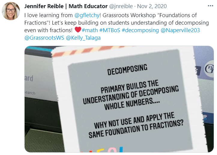 GrassrootsWS's tweet photo. Here's what Jennifer had to say about Graham Fletcher's (@gfletchy) Foundations Of Fractions workshop on Grassroots Workshops.

You can check it out and register at https://t.co/BMVfvQla6w https://t.co/303w5R1S6U