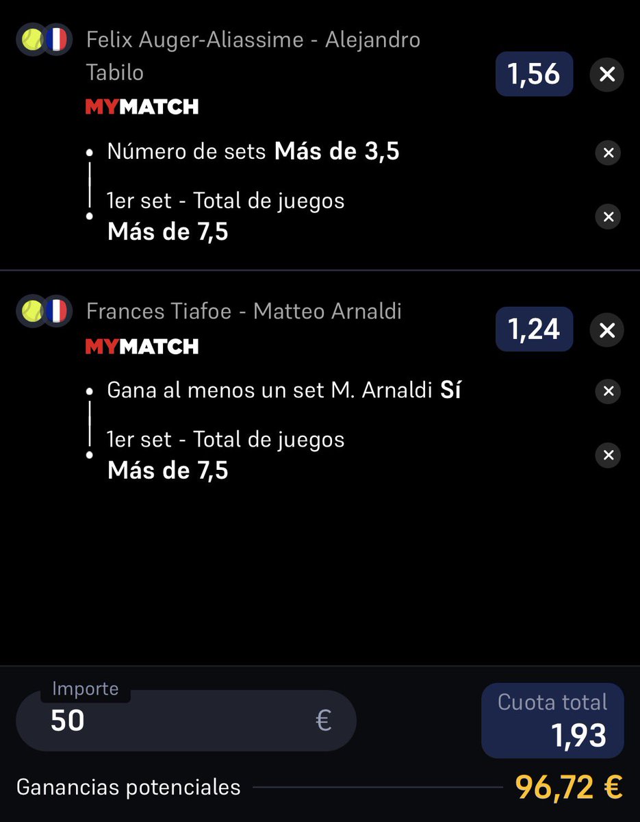 Cabezabets's tweet photo. NUEVA APUESTA💣

‼️STK 5 (@ 1,93)‼️

📌 Felix Auger-Aliassime - Alejandro Tabilo 
(ATP Roland Garros 🎾)
👉 +3,5 sets
👉 +7,5 juegos 1er set 

📌 Frances Tiafoe - Matteo Arnaldi 
(ATP Roland Garros 🎾)
👉 Arnaldi gana un set
👉 +7,5 juegos 1er set https://t.co/NTqyJFtwRW