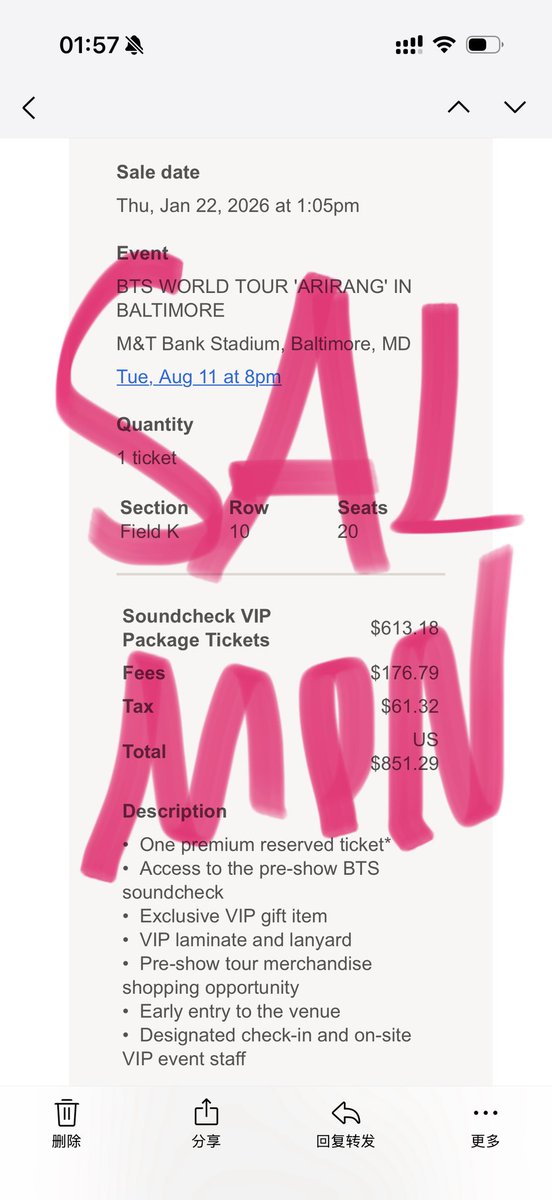 SALMON__95's tweet photo. #WTS 1 BTS Baltimore VIP SC 8/11 (Tue) floor ticket🔥

Includes VIP + Soundcheck
$1150 negotiable

I’ll be at the concert myself and can bring you in for VIP/soundcheck.

Can FaceTime or meet up in person (in NYC). Can do PayPal G&amp;S. https://t.co/fdDUqZHggz