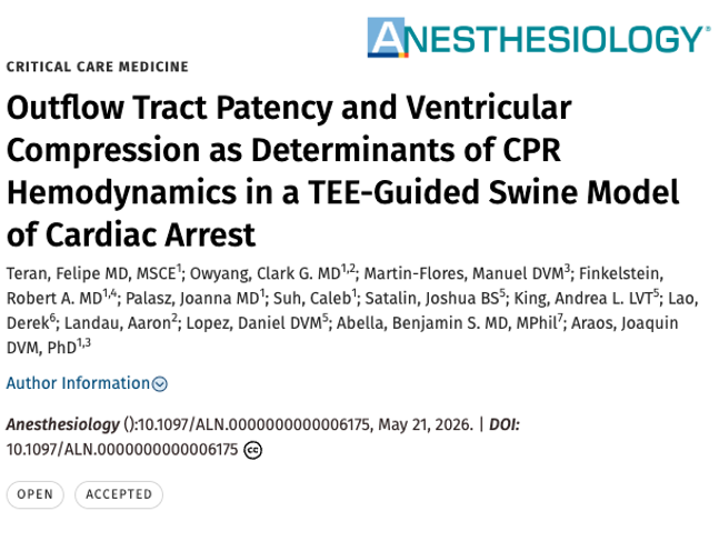 FTeranMD's tweet photo. New study from our TRS Lab at @Cornell in Anesthesiology provides additional mechanistic data supporting TEE-guided CPR: LV-targeted compressions preserved LVOT patency and improved intra-arrest hemodynamics in a swine model.

https://t.co/6vVaH2NiVN https://t.co/GWqhOQnOCx